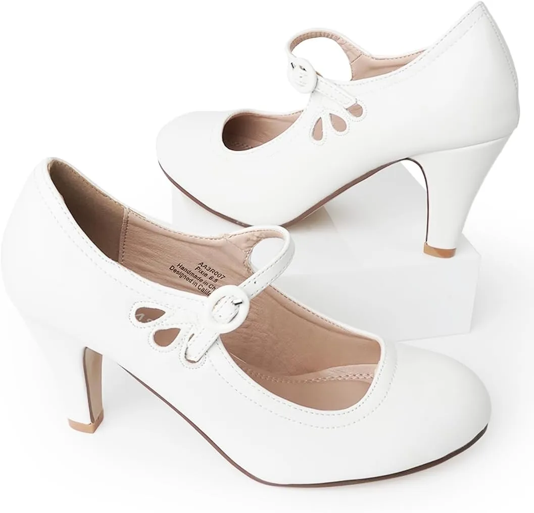 J. Adams Pixie Mary Jane Shoes Women Oxford Pumps - Cute Low Kitten High Heels - Retro Vintage Shoes for Women 1950s Mary Janes Round Toe Shoe with Ankle Strap - Women Dress Shoes