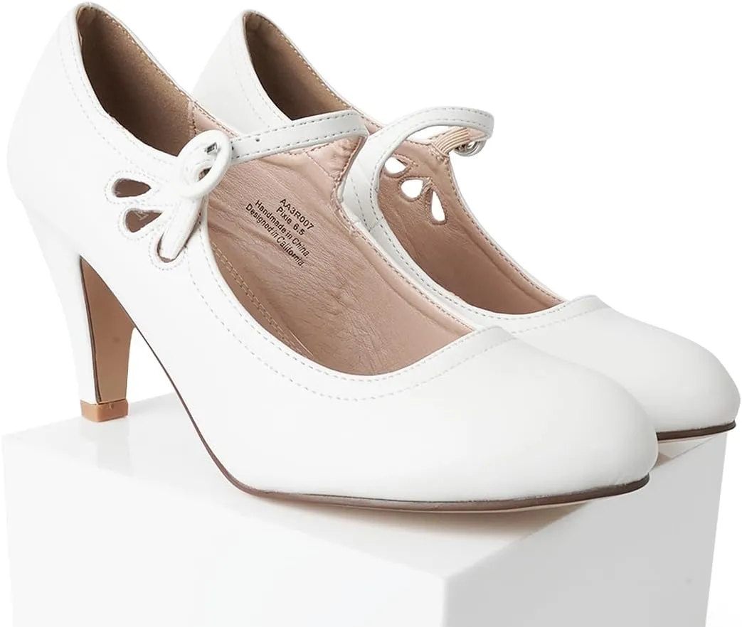 J. Adams Pixie Mary Jane Shoes Women Oxford Pumps - Cute Low Kitten High Heels - Retro Vintage Shoes for Women 1950s Mary Janes Round Toe Shoe with Ankle Strap - Women Dress Shoes