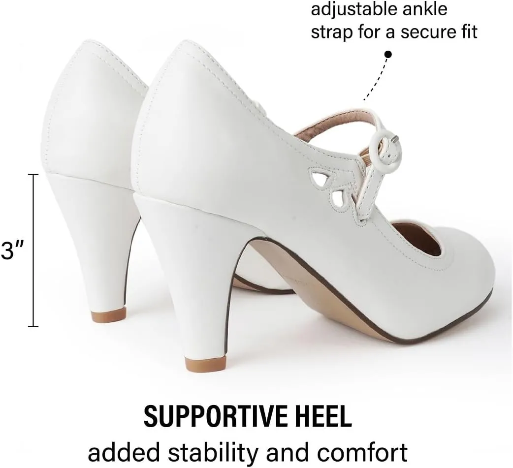 J. Adams Pixie Mary Jane Shoes Women Oxford Pumps - Cute Low Kitten High Heels - Retro Vintage Shoes for Women 1950s Mary Janes Round Toe Shoe with Ankle Strap - Women Dress Shoes