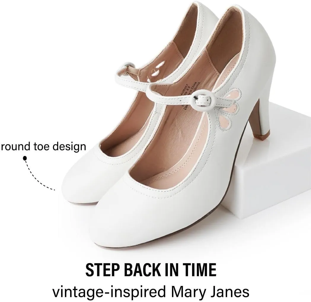 J. Adams Pixie Mary Jane Shoes Women Oxford Pumps - Cute Low Kitten High Heels - Retro Vintage Shoes for Women 1950s Mary Janes Round Toe Shoe with Ankle Strap - Women Dress Shoes