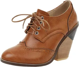 KysBloes Women's Wingtip Oxford Lace Up Shoes Chunky Block Heel Vintage Brogues Classic Closed Toe Saddle Shoes Gift Booties