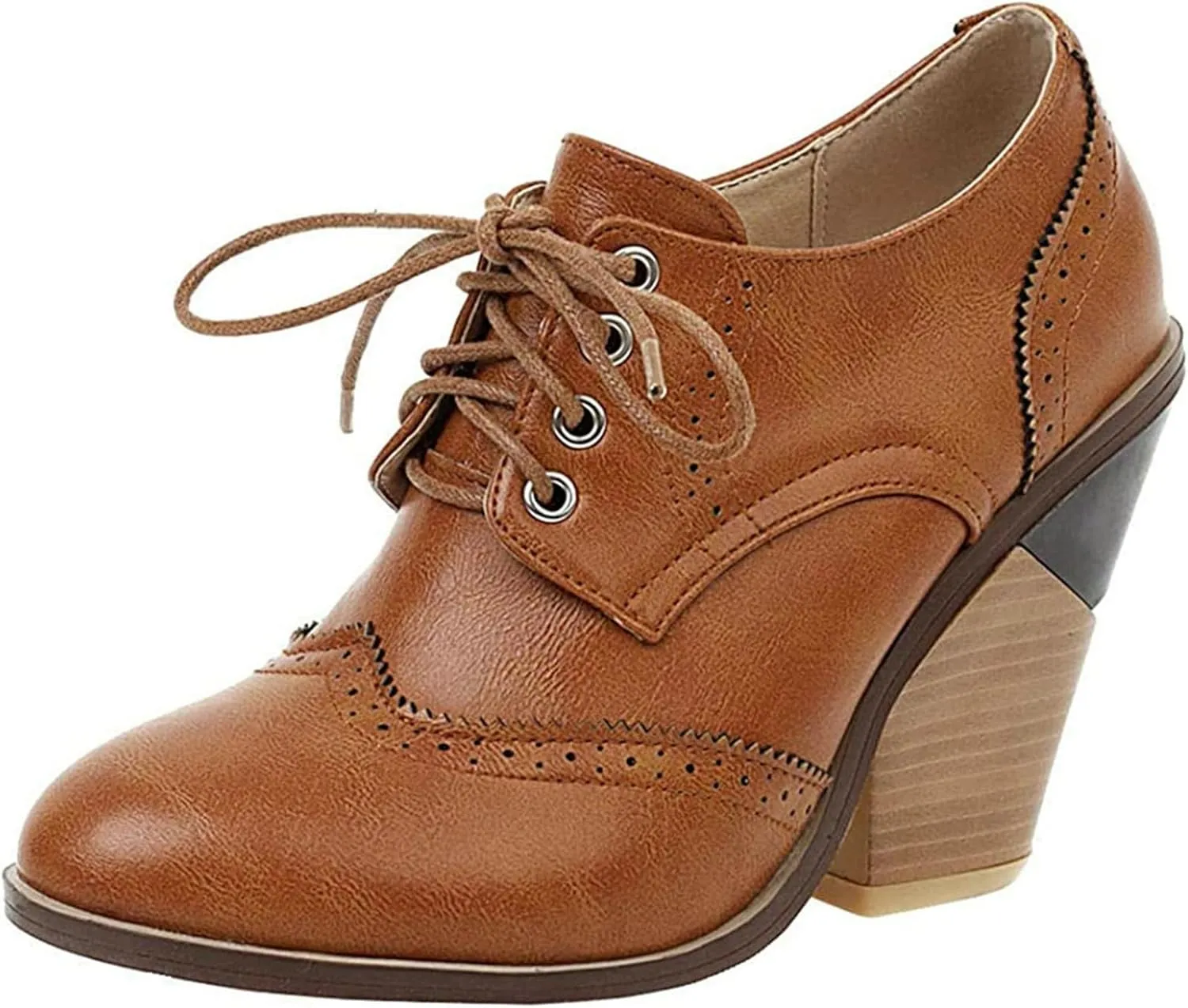 KysBloes Women's Wingtip Oxford Lace Up Shoes Chunky Block Heel Vintage Brogues Classic Closed Toe Saddle Shoes Gift Booties