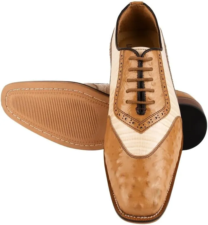 LIBERTYZENO Mens Ostrich Print Genuine Leather Adults Oxford Lace Up Dress Shoes for Prom Graduation