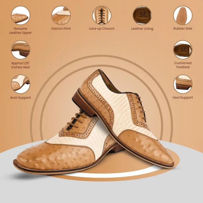 LIBERTYZENO Mens Ostrich Print Genuine Leather Adults Oxford Lace Up Dress Shoes for Prom Graduation