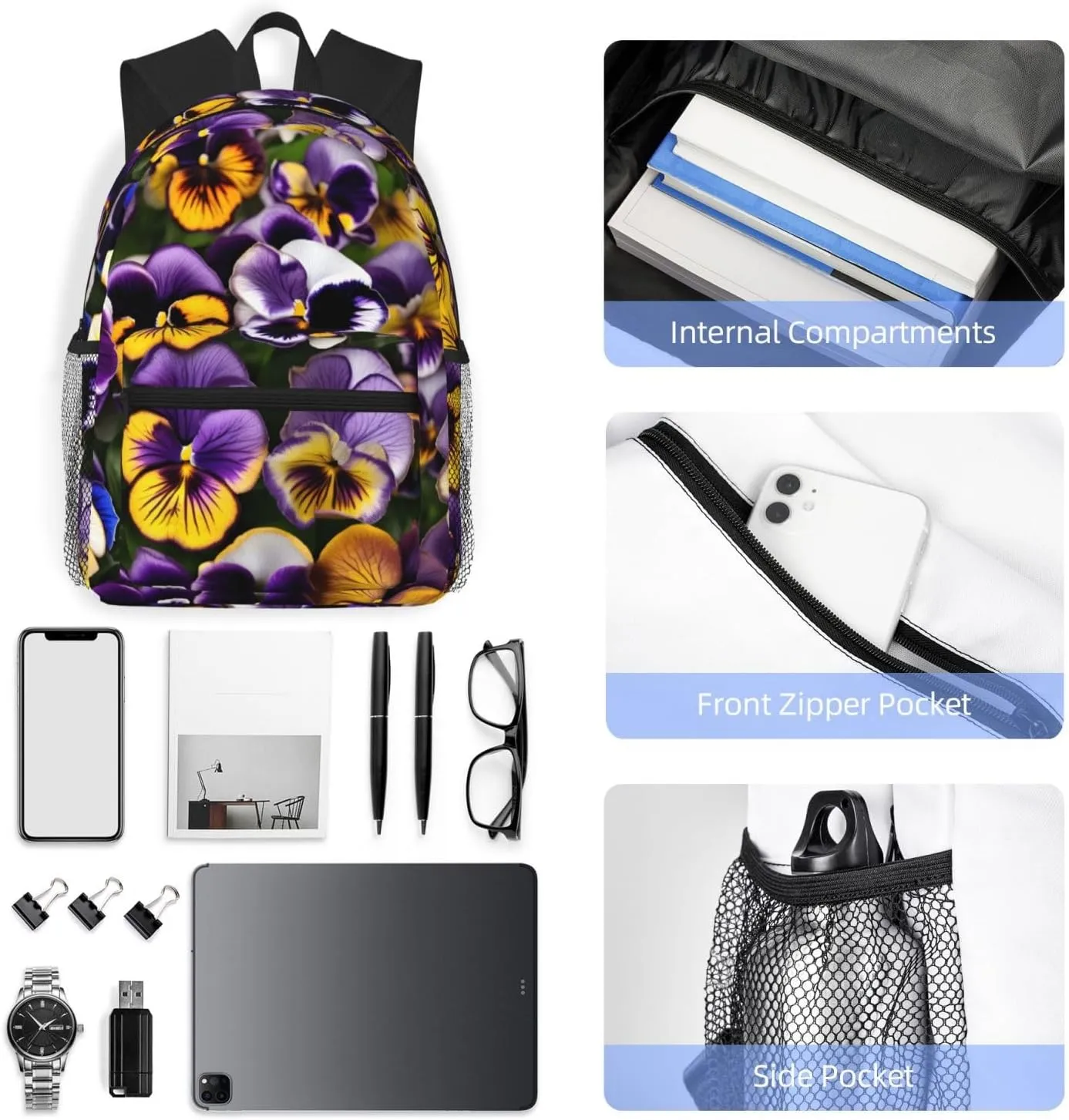 Lightweight Laptop Backpack,Casual Daypack Travel Backpack Bookbag Work Bag for Men and Women-Pansy Perfection Print