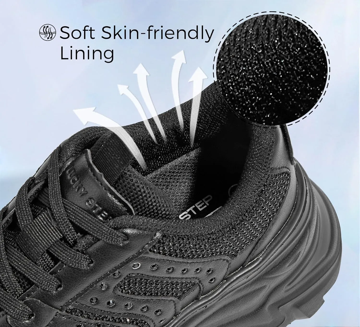 LUCKY STEP Women's Rhinestone Chunky Sneakers Breathable Lace-Up Platform Walking Sneakers Fashion Casual Dad Shoes