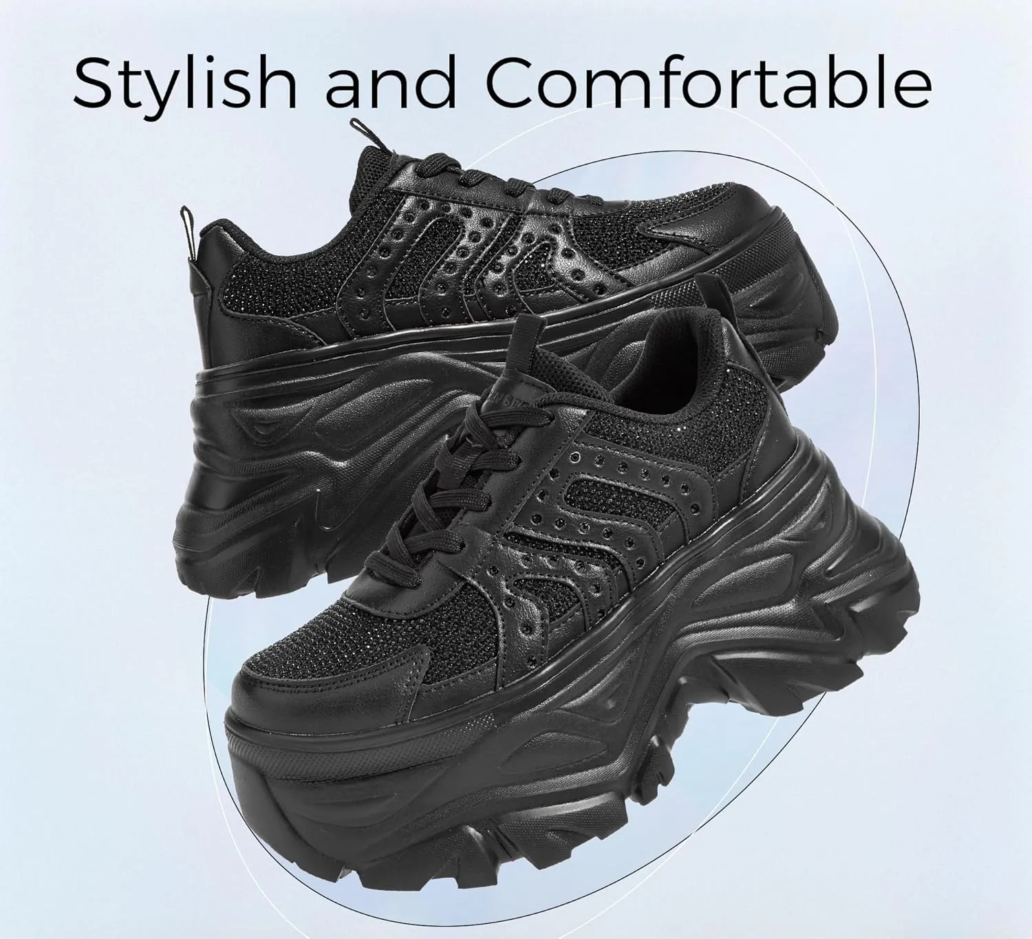LUCKY STEP Women's Rhinestone Chunky Sneakers Breathable Lace-Up Platform Walking Sneakers Fashion Casual Dad Shoes
