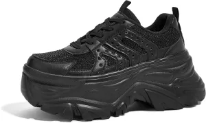 LUCKY STEP Women's Rhinestone Chunky Sneakers Breathable Lace-Up Platform Walking Sneakers Fashion Casual Dad Shoes