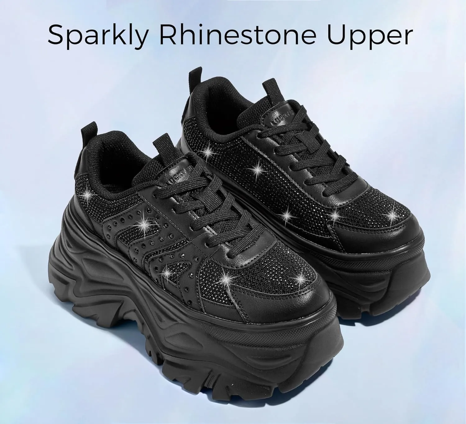 LUCKY STEP Women's Rhinestone Chunky Sneakers Breathable Lace-Up Platform Walking Sneakers Fashion Casual Dad Shoes