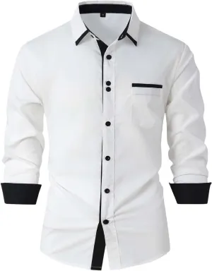 Mens Banded Collar Shirts Long Sleeve Button Down Slim Fit Casual Hipster T-Shirts Big and Tall Fashion Pocket Shirt