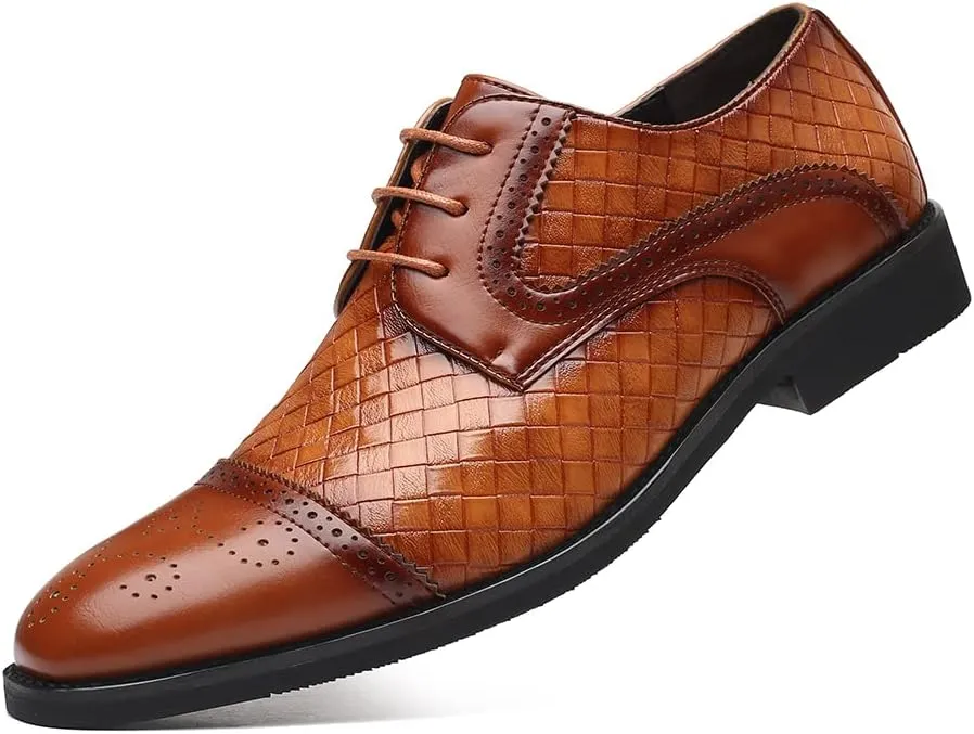 Men's Business Casual Dress Shoes Italy Prince Classic Wingtip Lace-Up Brogues Modern Formal Woven Leather Oxfords