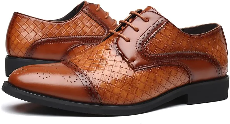 Men's Business Casual Dress Shoes Italy Prince Classic Wingtip Lace-Up Brogues Modern Formal Woven Leather Oxfords