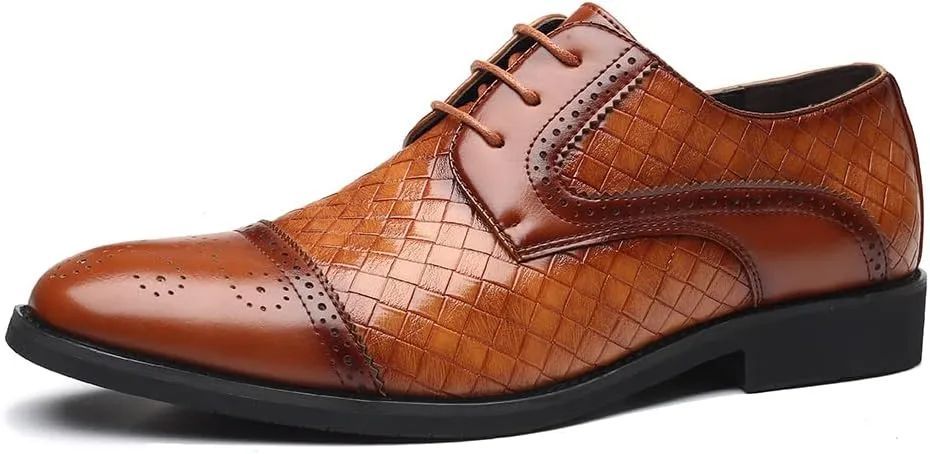 Men's Business Casual Dress Shoes Italy Prince Classic Wingtip Lace-Up Brogues Modern Formal Woven Leather Oxfords