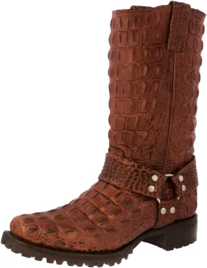 Mens Cognac Leather Motorcycle Boots Crocodile Back Print Square Toe