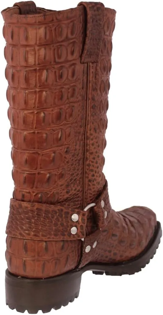 Mens Cognac Leather Motorcycle Boots Crocodile Back Print Square Toe