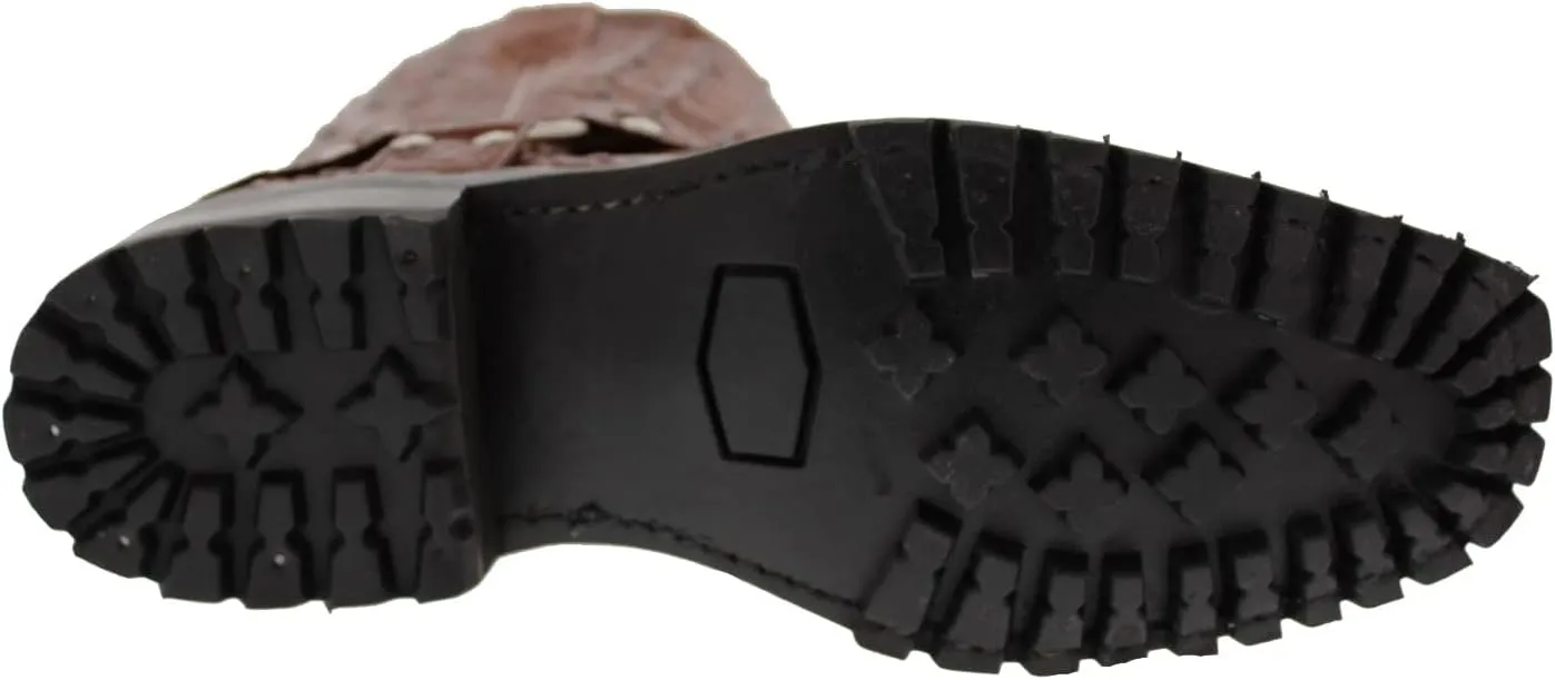 Mens Cognac Leather Motorcycle Boots Crocodile Back Print Square Toe