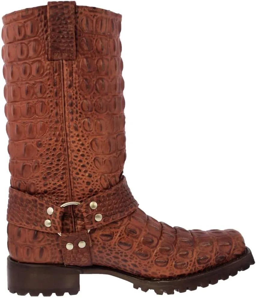 Mens Cognac Leather Motorcycle Boots Crocodile Back Print Square Toe