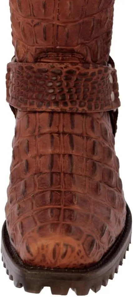 Mens Cognac Leather Motorcycle Boots Crocodile Back Print Square Toe