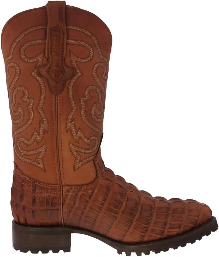 Mens Cognac Leather Motorcycle Boots Crocodile Tail Print Round Toe