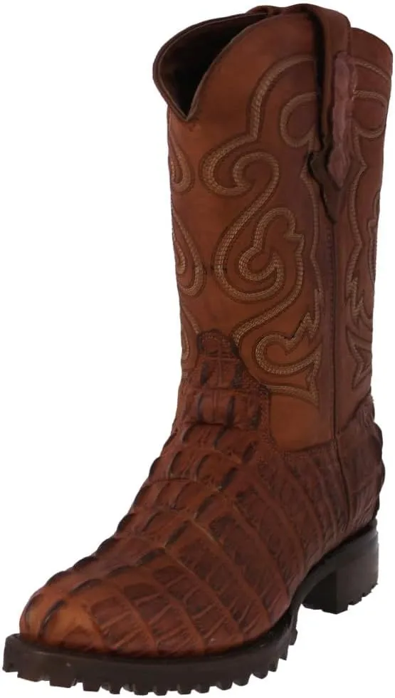 Mens Cognac Leather Motorcycle Boots Crocodile Tail Print Round Toe