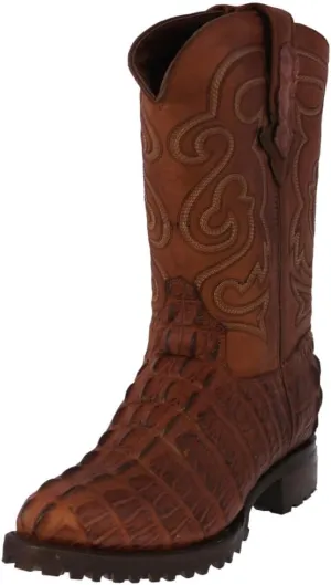 Mens Cognac Leather Motorcycle Boots Crocodile Tail Print Round Toe