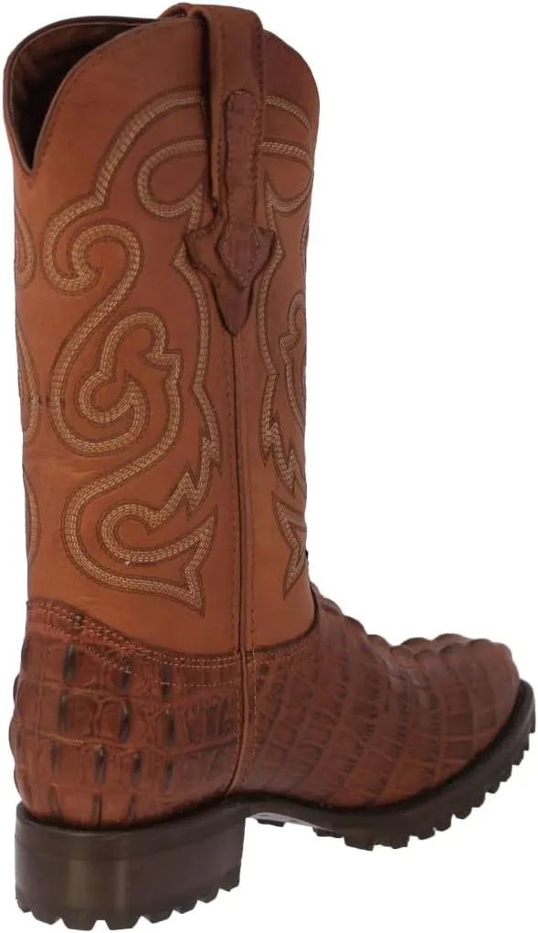 Mens Cognac Leather Motorcycle Boots Crocodile Tail Print Round Toe