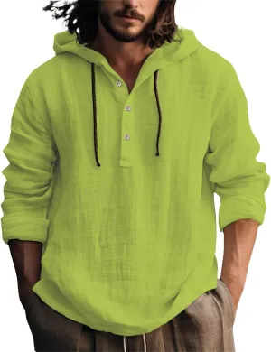 Men's Cotton Linen Shirts Lightweight Button Down Long Sleeve Hippie Shirt with Hood Summer Casual Beach Wedding Tops