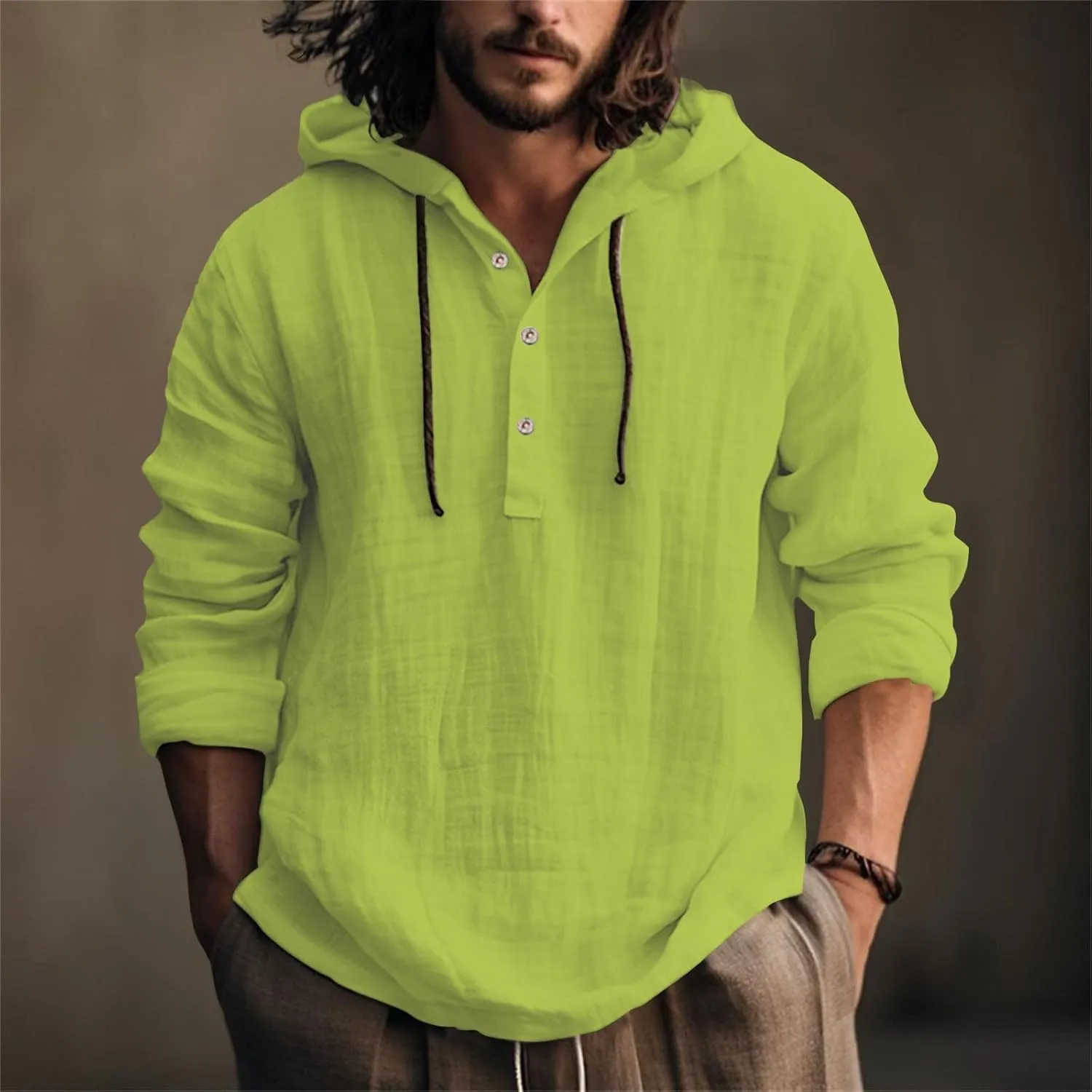 Men's Cotton Linen Shirts Lightweight Button Down Long Sleeve Hippie Shirt with Hood Summer Casual Beach Wedding Tops