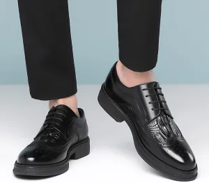 Men's Crocodile Texture Leather Hybrid Brogue Oxford,Winter Warm Fashion Lace-Up Wing Tip Wedding Business Derby Shoes
