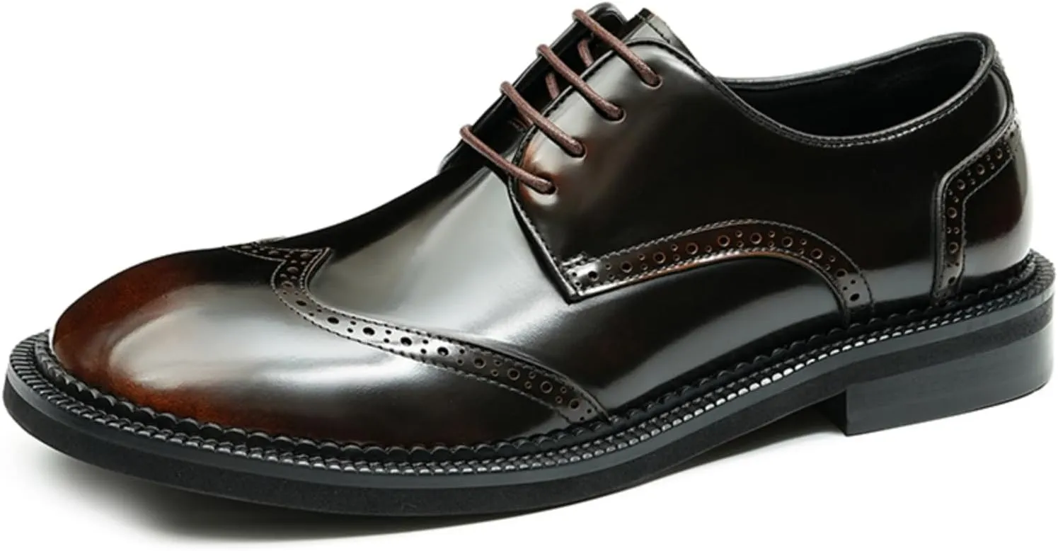 Men’s Derby Dress Shoes Calfskin - Brogue Glossy Round Toe Lace Up Derby Shoes Calf Upper Pigskin Lining and Soft Rubber Sole for Ultimate Comfort & Versatile Style Business Causal Wedding Party