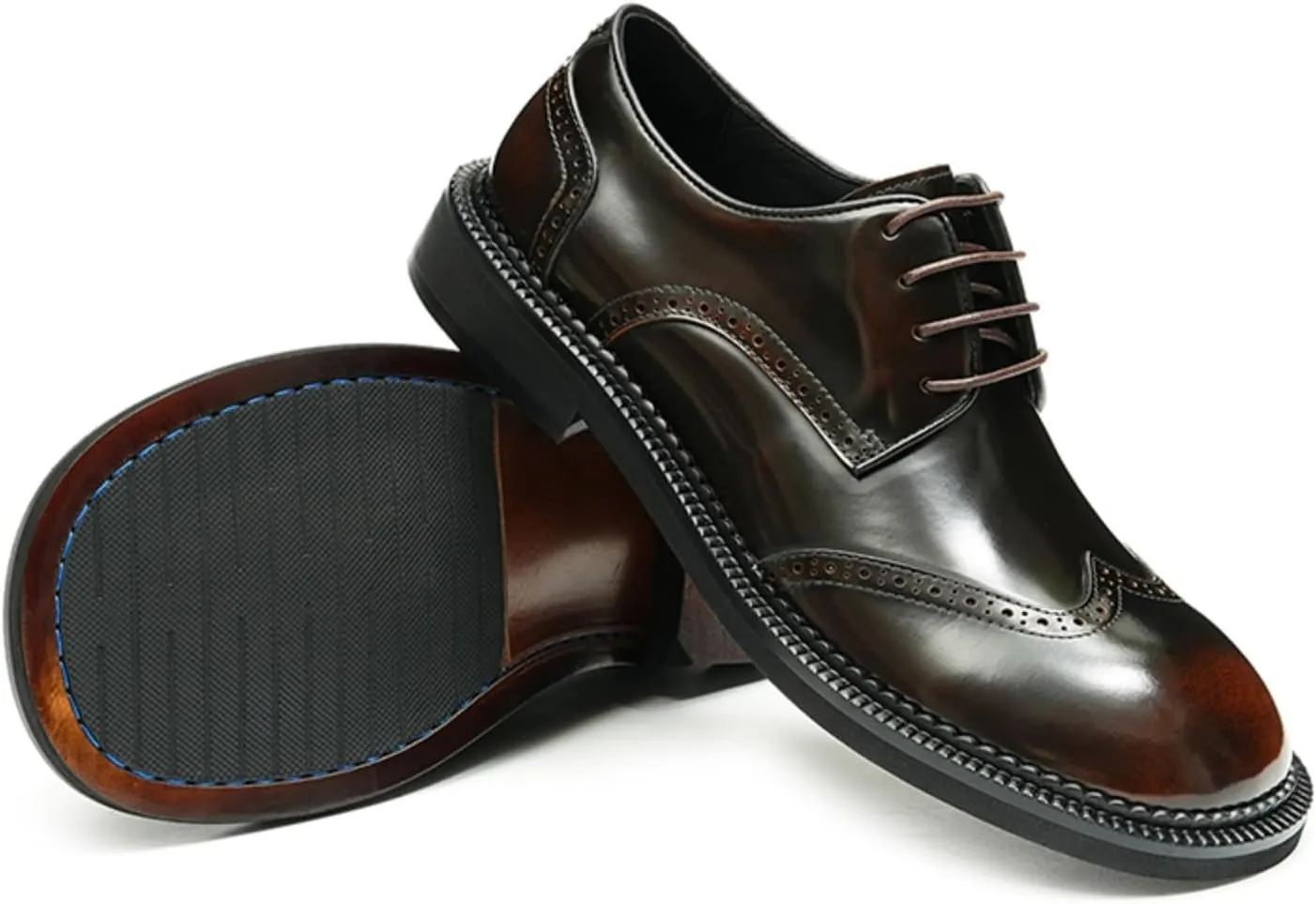 Men’s Derby Dress Shoes Calfskin - Brogue Glossy Round Toe Lace Up Derby Shoes Calf Upper Pigskin Lining and Soft Rubber Sole for Ultimate Comfort & Versatile Style Business Causal Wedding Party