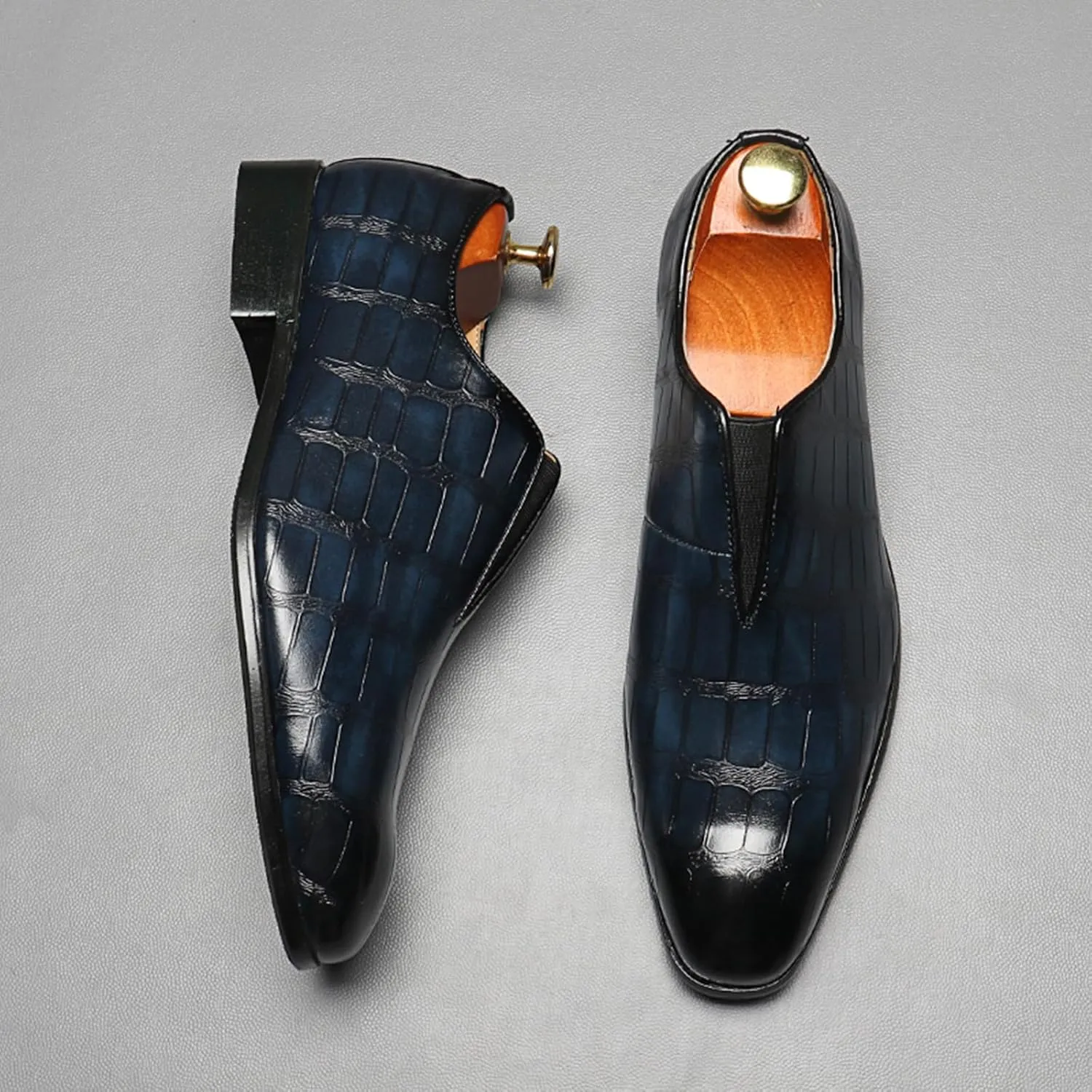 Men's Dress Shoes with Crocodile Printed Leather in Brogue Elastic Band Oxford Formal Shoes for Men
