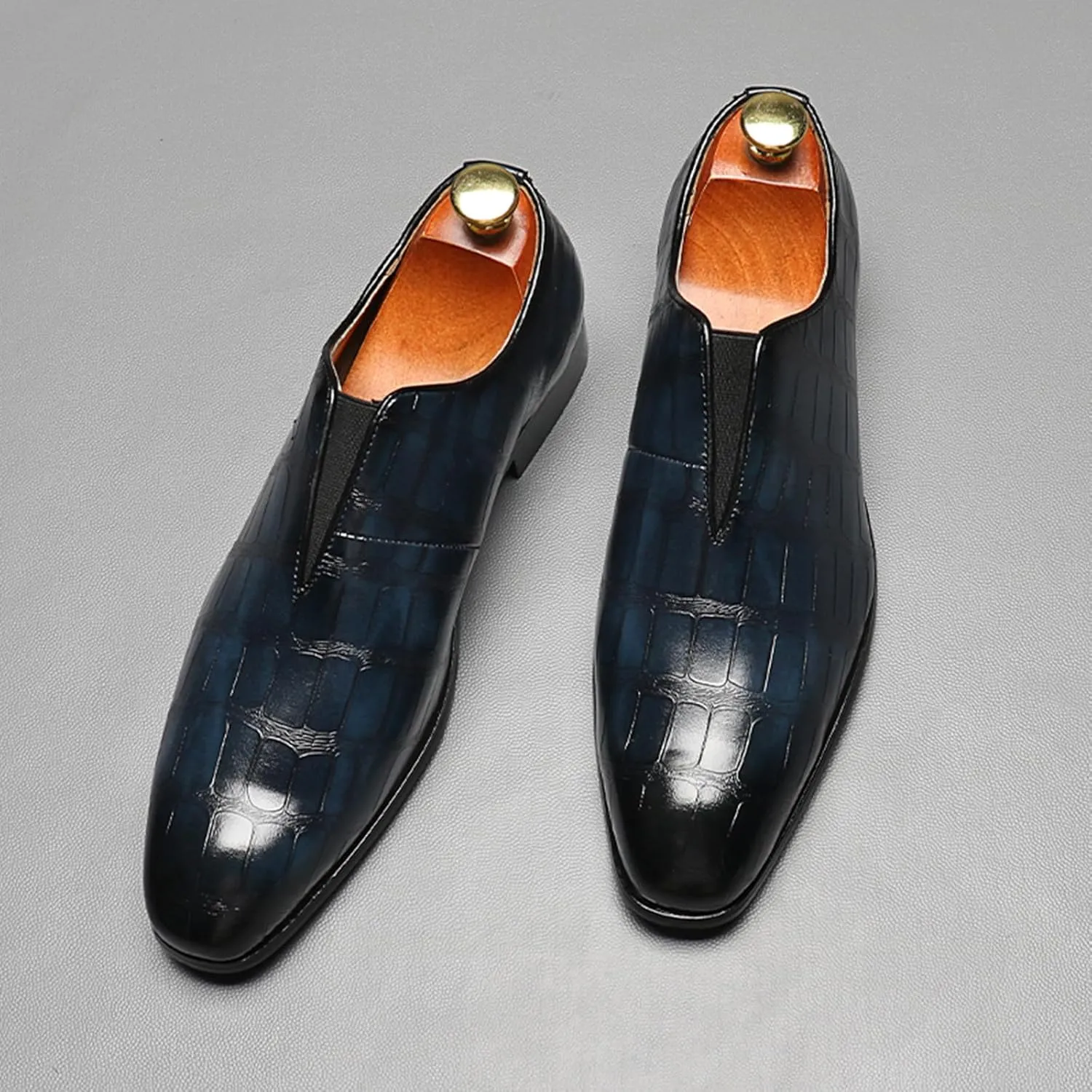 Men's Dress Shoes with Crocodile Printed Leather in Brogue Elastic Band Oxford Formal Shoes for Men