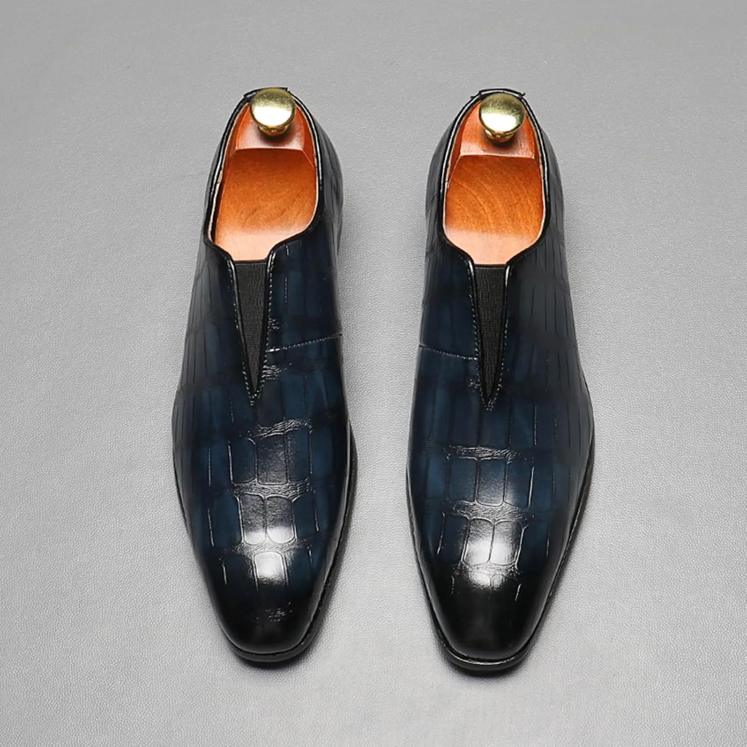 Men's Dress Shoes with Crocodile Printed Leather in Brogue Elastic Band Oxford Formal Shoes for Men