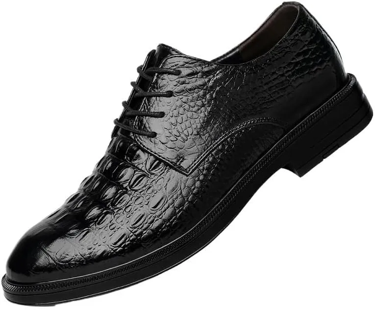 Men's Oxford Dress Shoes Lace-up Pointed Toe Genuine Leather Fashion Shoes with Crocodile Prints for Wedding, Party, and Formal Occasions