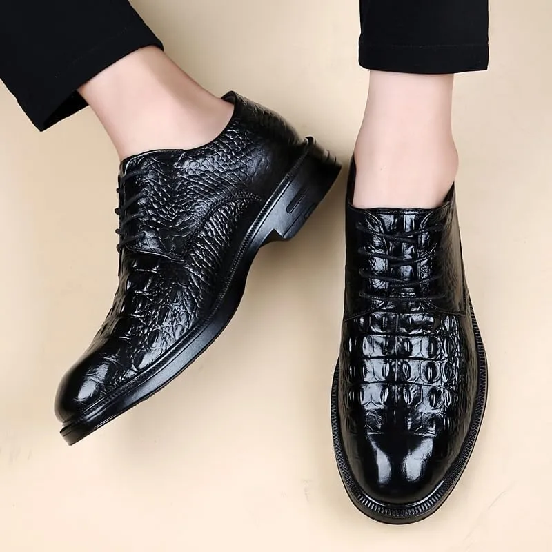 Men's Oxford Dress Shoes Lace-up Pointed Toe Genuine Leather Fashion Shoes with Crocodile Prints for Wedding, Party, and Formal Occasions