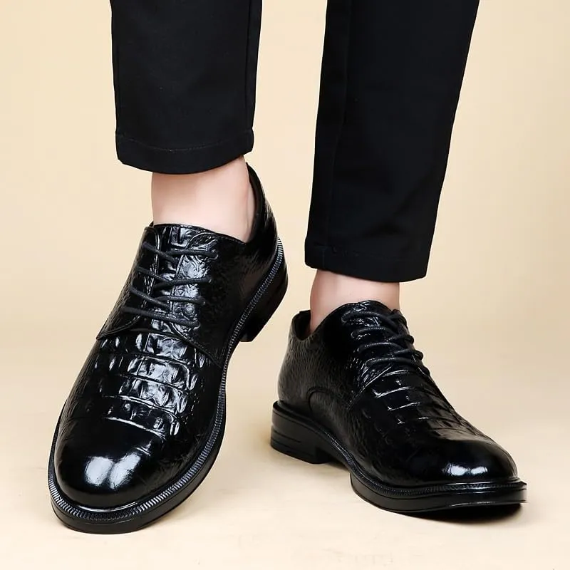 Men's Oxford Dress Shoes Lace-up Pointed Toe Genuine Leather Fashion Shoes with Crocodile Prints for Wedding, Party, and Formal Occasions