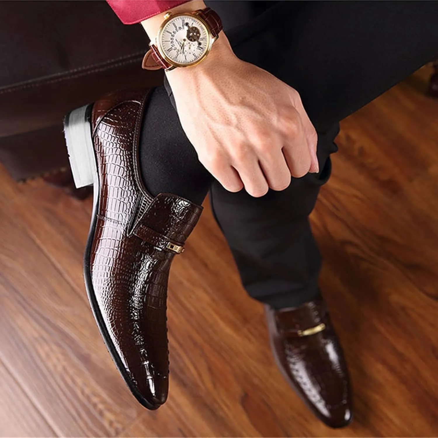Mens Oxford Shoes Fashion Crocodile Printed Pull-on Pointed-Toe Formal Shoes Business Wedding Dress Shoes for Men