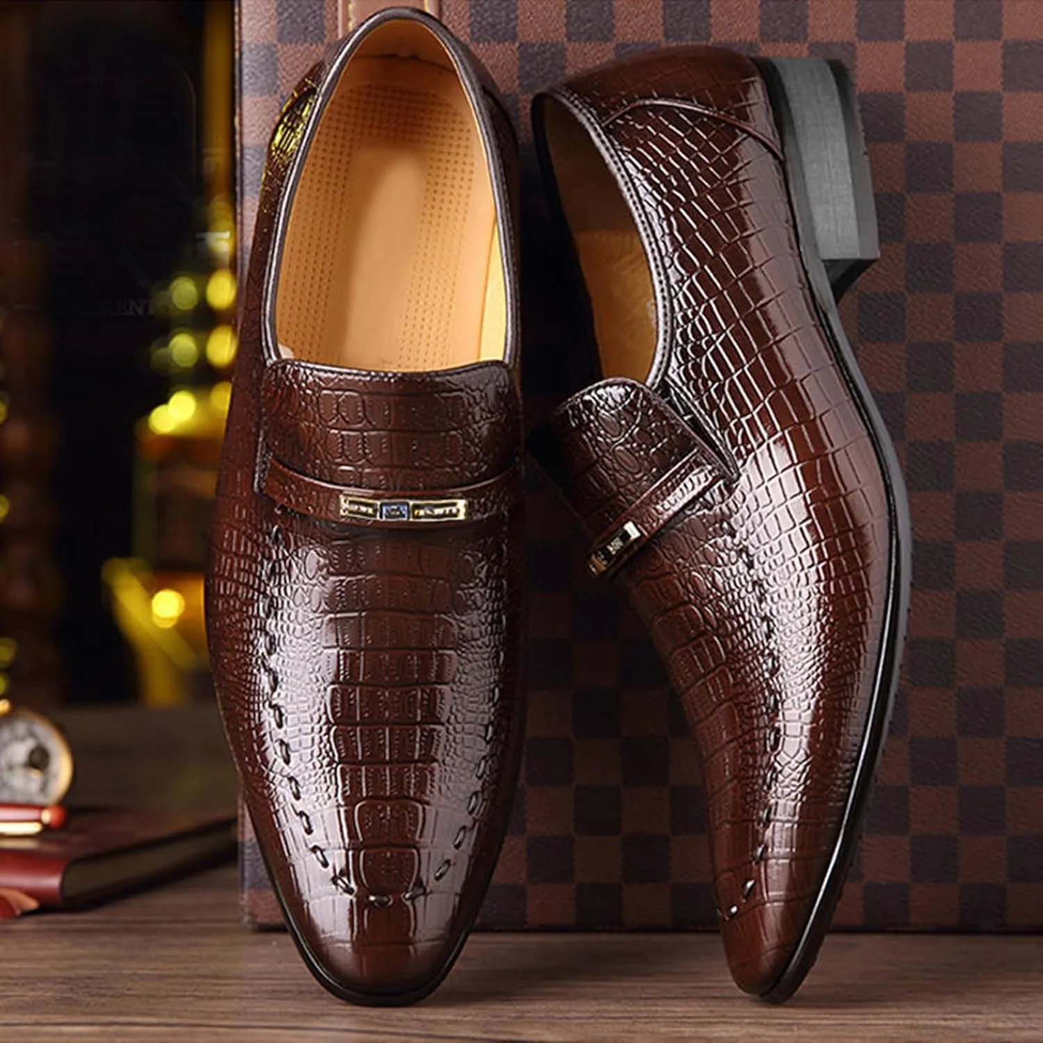 Mens Oxford Shoes Fashion Crocodile Printed Pull-on Pointed-Toe Formal Shoes Business Wedding Dress Shoes for Men