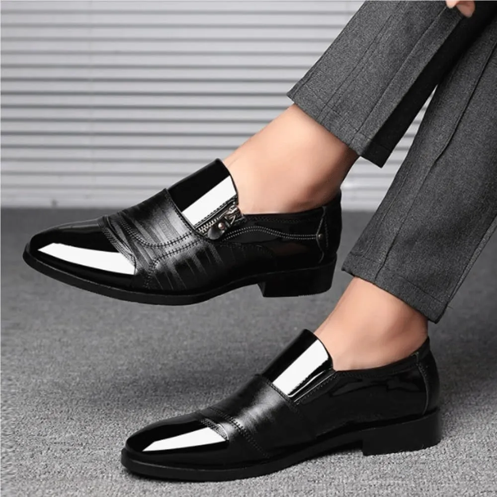 Mens Oxford Shoes Slip On Round Toe PU Leather Non Slip Low Top Block Heel Wedding Dress Shoes