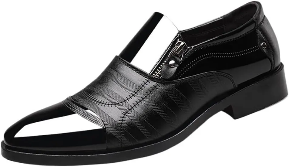 Mens Oxford Shoes Slip On Round Toe PU Leather Non Slip Low Top Block Heel Wedding Dress Shoes