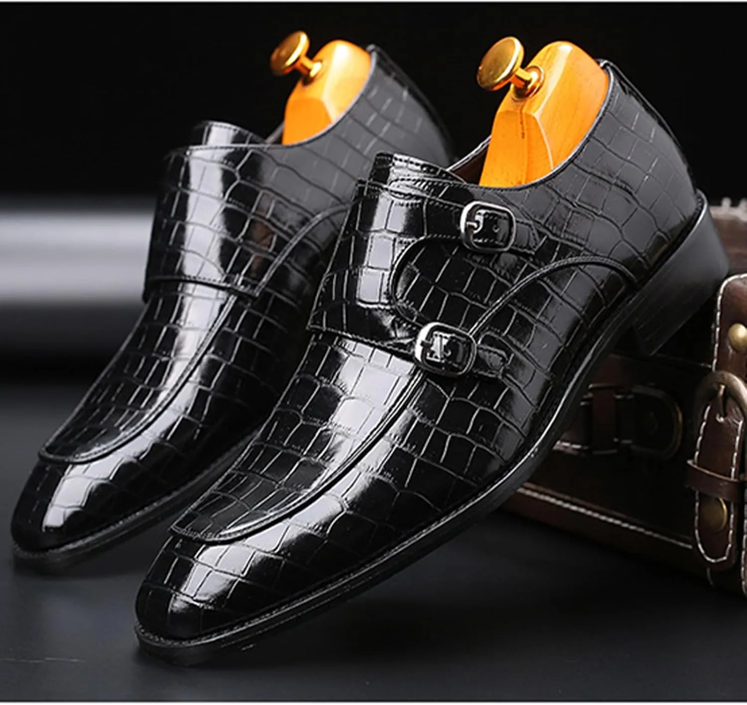 Mens Print Double Monk Strap Loafer Fashion Slip-On Dress Oxford Shoes Comfortable Round Toe Low Block Heel Formal Business Casual Leather Shoes