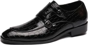 Mens Print Double Monk Strap Loafer Fashion Slip-On Dress Oxford Shoes Comfortable Round Toe Low Block Heel Formal Business Casual Leather Shoes