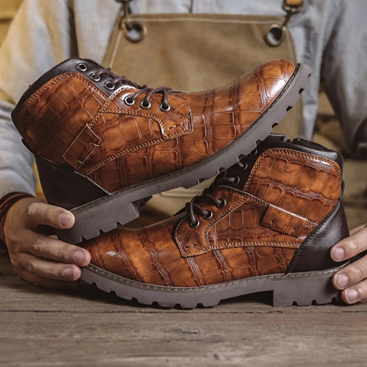 Men's Shoes Work Boot Shoe Laces Men Crocodile Embossed Leather Lace-Up Ankle High Black and Brown Dress Boots for Men