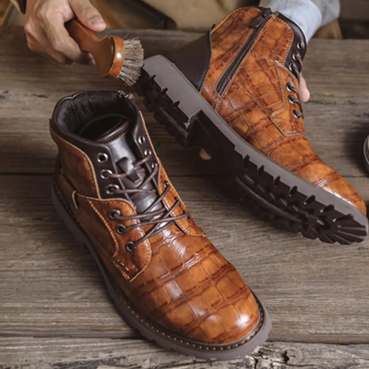 Men's Shoes Work Boot Shoe Laces Men Crocodile Embossed Leather Lace-Up Ankle High Black and Brown Dress Boots for Men