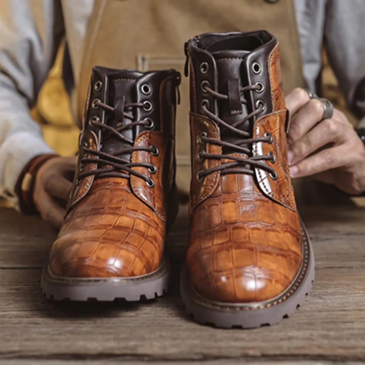 Men's Shoes Work Boot Shoe Laces Men Crocodile Embossed Leather Lace-Up Ankle High Black and Brown Dress Boots for Men