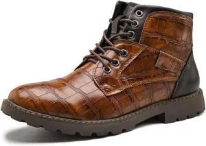 Men's Shoes Work Boot Shoe Laces Men Crocodile Embossed Leather Lace-Up Ankle High Black and Brown Dress Boots for Men