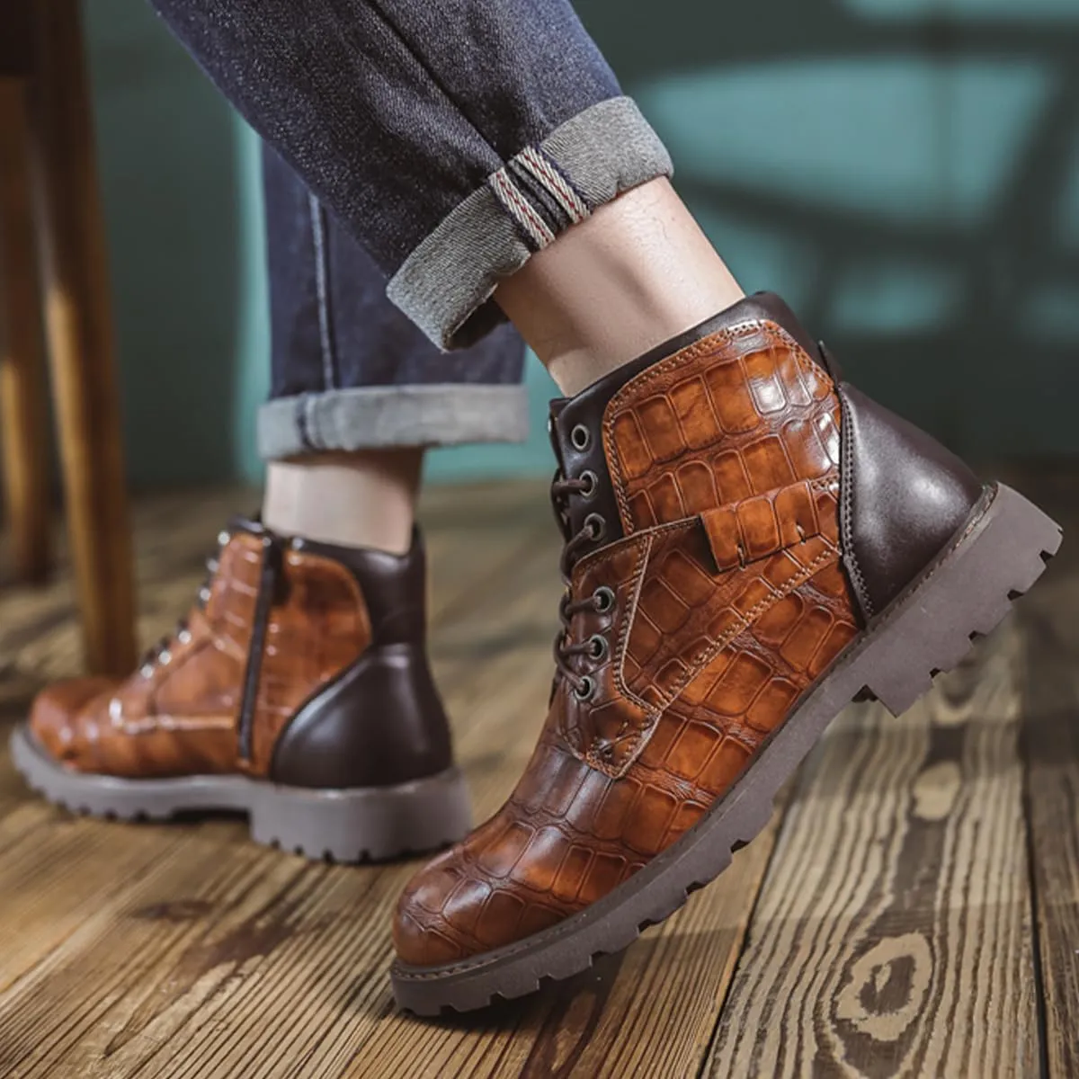 Men's Shoes Work Boot Shoe Laces Men Crocodile Embossed Leather Lace-Up Ankle High Black and Brown Dress Boots for Men
