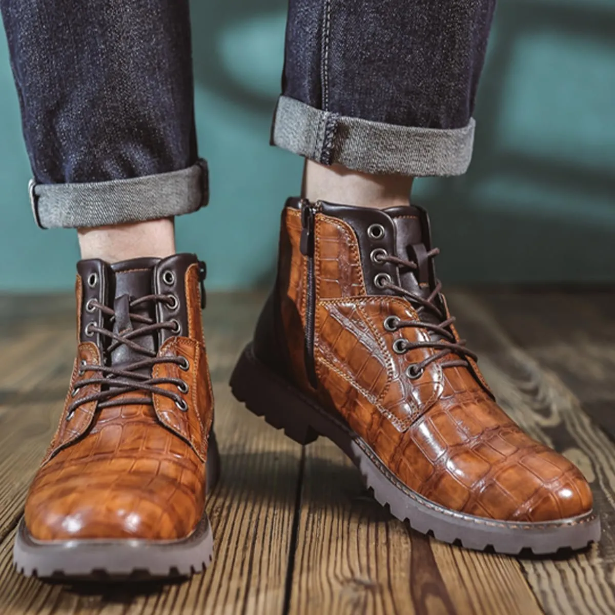 Men's Shoes Work Boot Shoe Laces Men Crocodile Embossed Leather Lace-Up Ankle High Black and Brown Dress Boots for Men