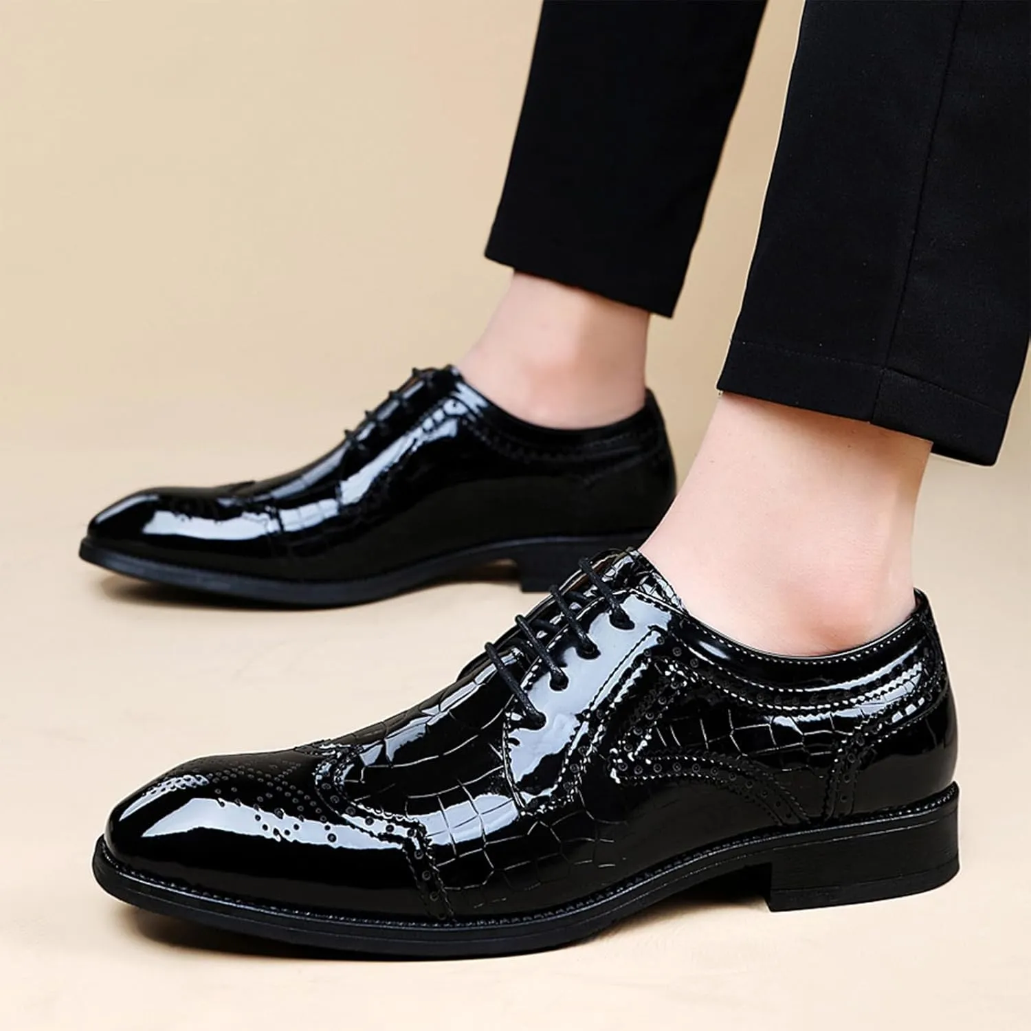 Men's Stitching Leather Lace-Up Dress Oxford Shoes Business Party Formal Shoes Comfortable Anti-Slip Pointed Toe Causal Shoes